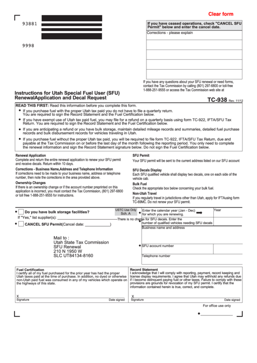 Form Tc-938 - Instructions For Utah Special Fuel User Renewal Application And Decal Request Printable pdf