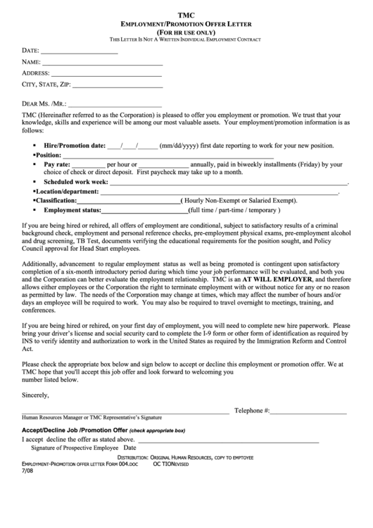 Fillable Employment/promotion Offer Letter (For Hr Use Only) Printable pdf