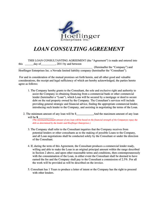 Loan Consulting Agreement Printable pdf