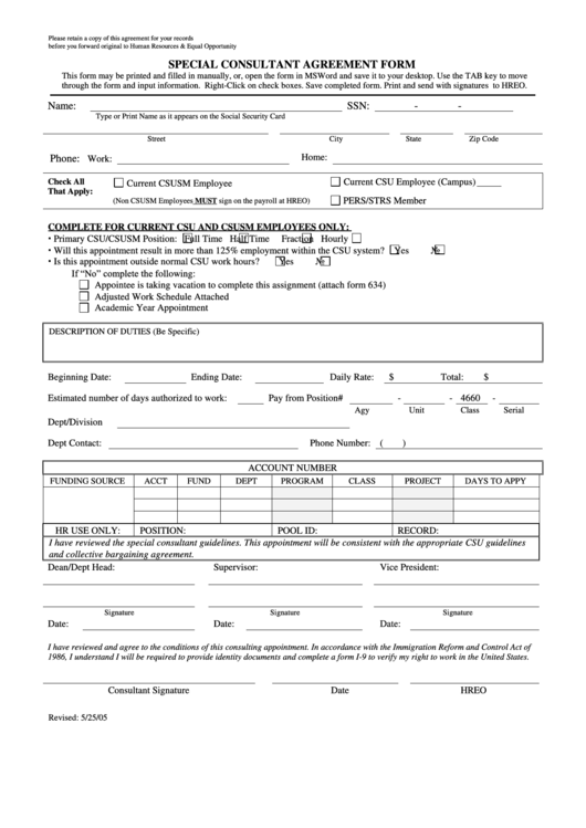 Special Consultant Agreement Form