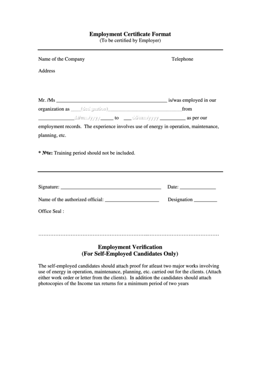 Employment Verification Certificate Form Printable pdf
