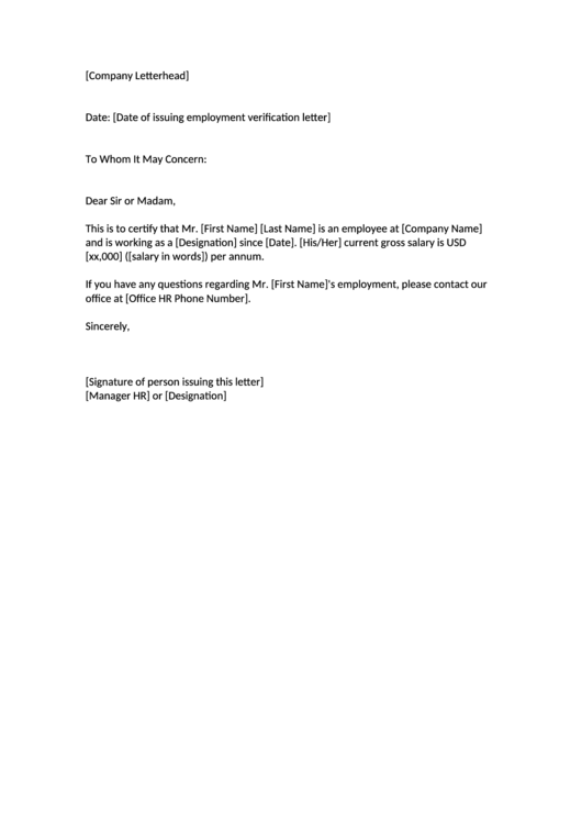 employment verification letter template printable pdf download
