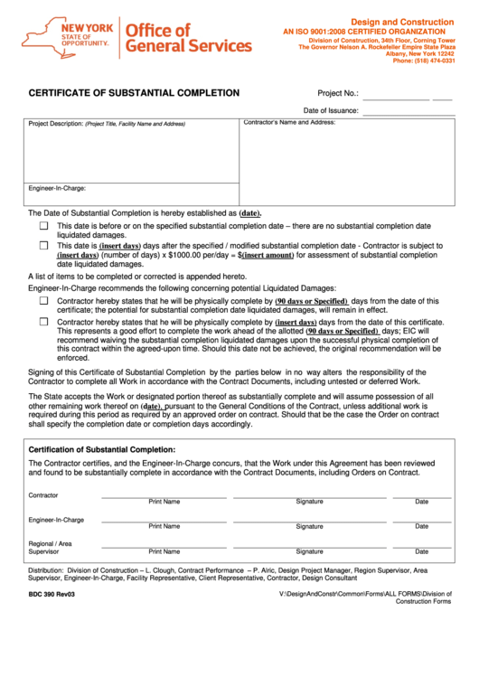 Form Bdc 390 - Certificate Of Substantial Completion