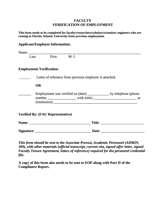 Sample Faculty Verification Of Employment Form Printable pdf