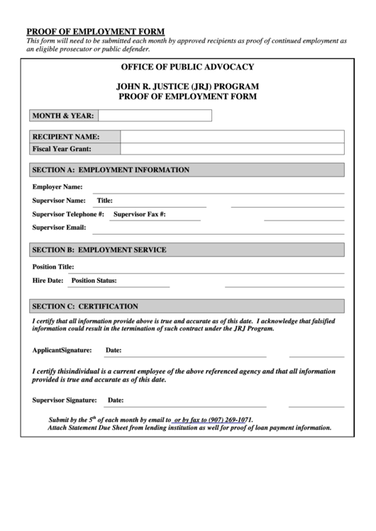 Fillable Proof Of Employment Form Printable pdf