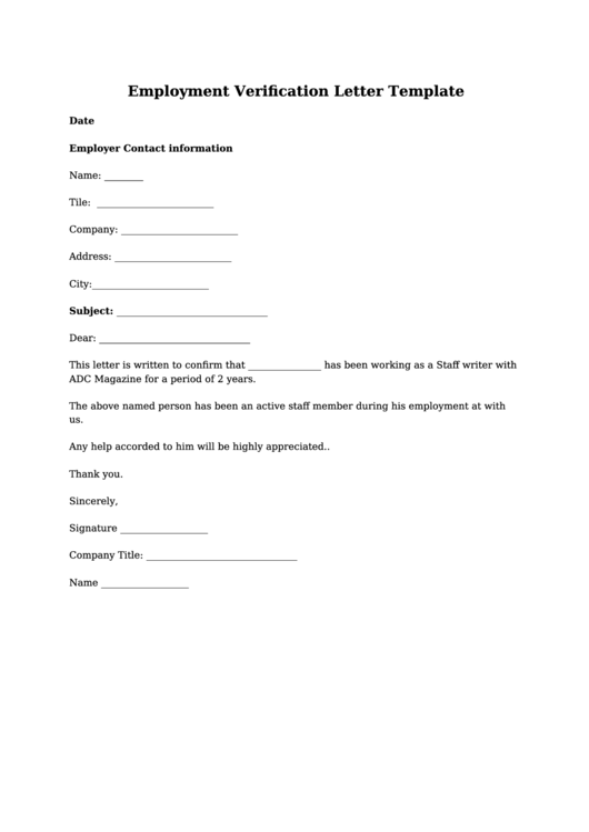 Employment Verification Letter Template Printable pdf