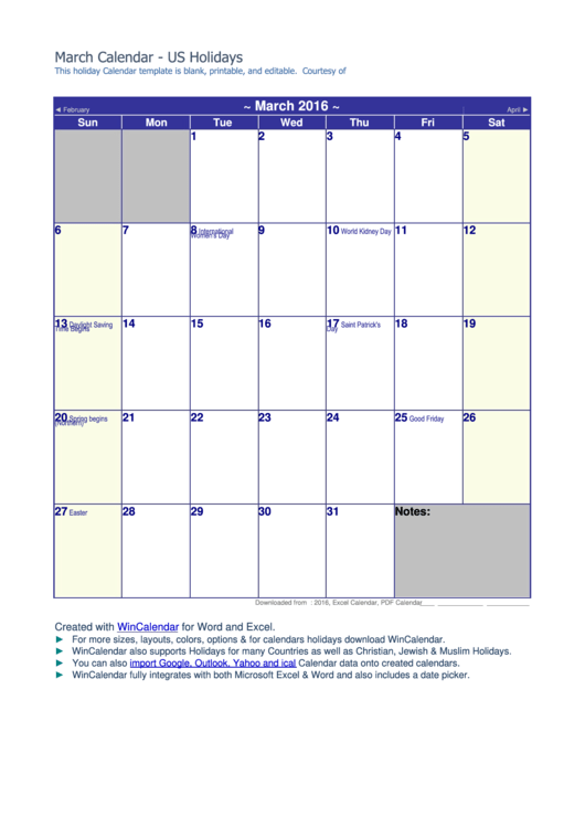 March 2016 Calendar With Holidays Template Printable pdf