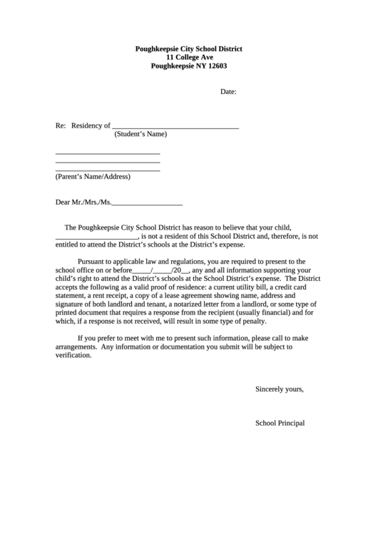 School Proof Of Residency Request Letter Template Printable pdf