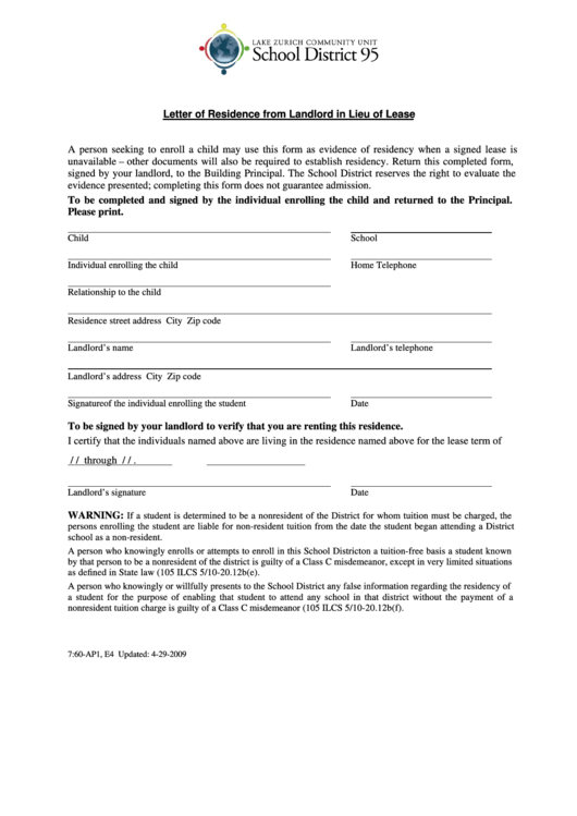 Letter Of Residence From Landlord In Lieu Of Lease Printable pdf