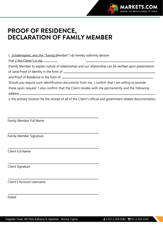 Proof Of Residence Letter Template - Declaration Of Family Member Printable pdf