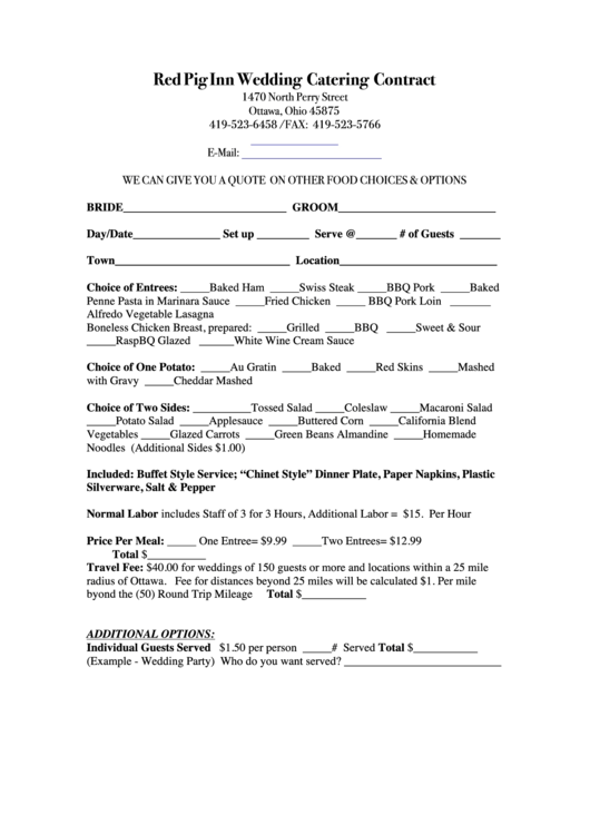 Red Pig Inn Wedding Catering Contract Printable pdf