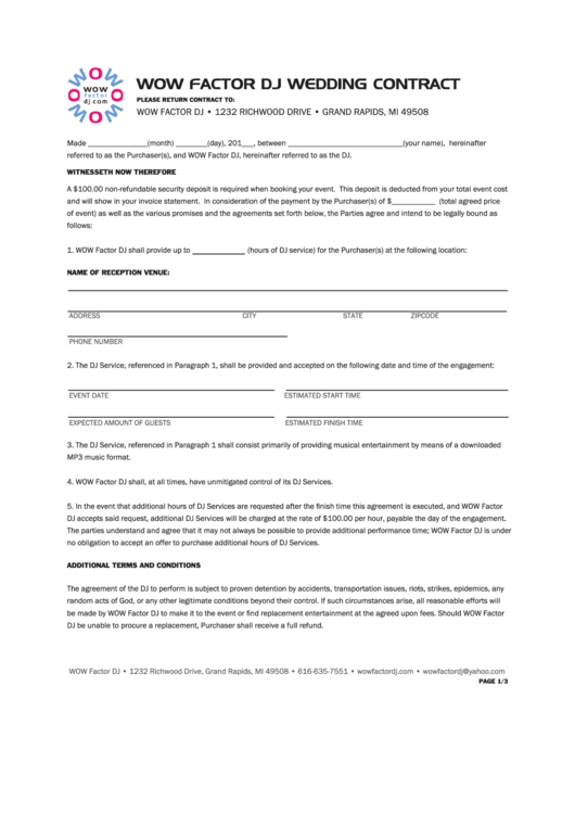 Wow Factor Dj Wedding Contract Printable pdf