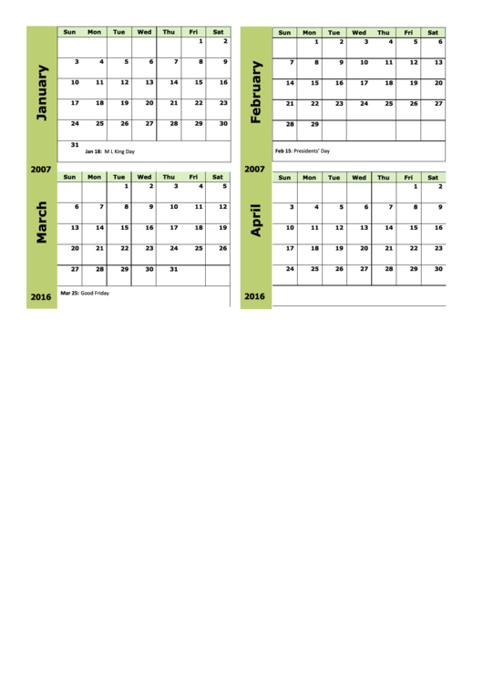 Monthly Calendar Template Green - 2016 Printable pdf
