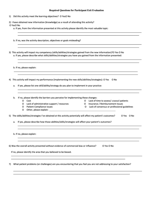 Required Questions For Participant Exit Evaluation Printable pdf