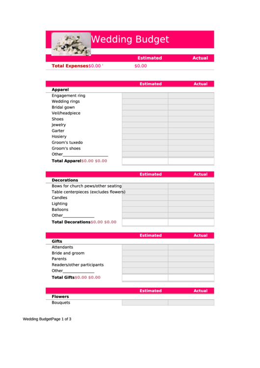 Wedding Budget Spreadsheet Template Printable pdf