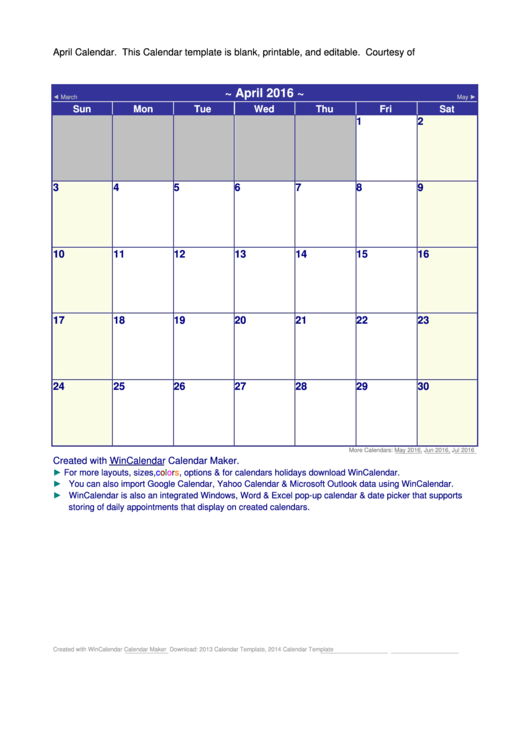 April 2016 Calendar Template Printable pdf