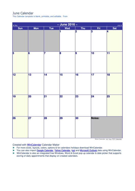 June 2016 Calendar Template Printable pdf