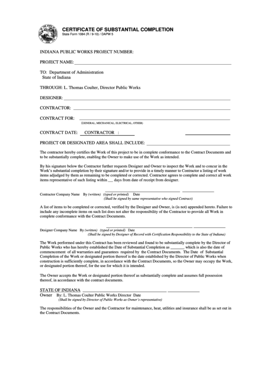 Certificate Of Substantial Completion Template Printable pdf