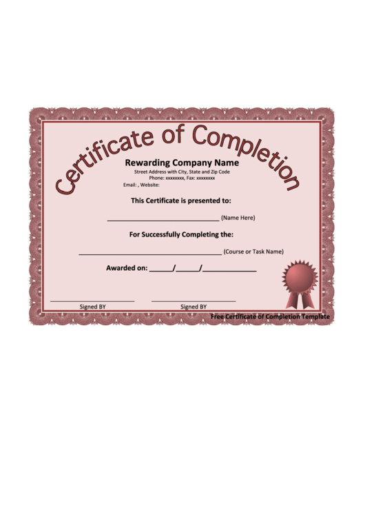 Certificate Of Completion Template - Pink Printable pdf