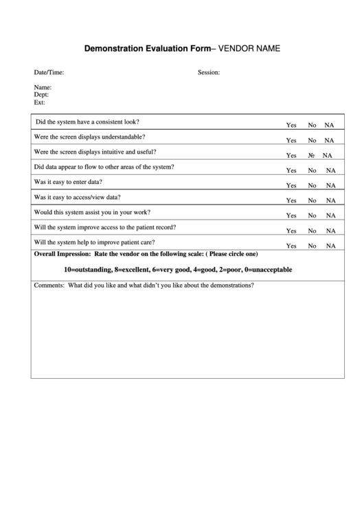 Demonstration Evaluation Vendor Form Printable pdf