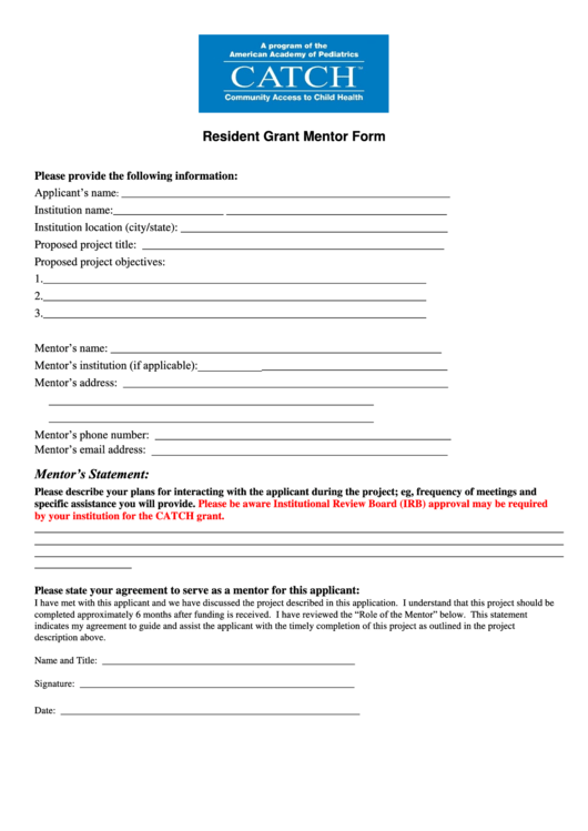 Resident Grant Mentor Form Catch Project Printable pdf