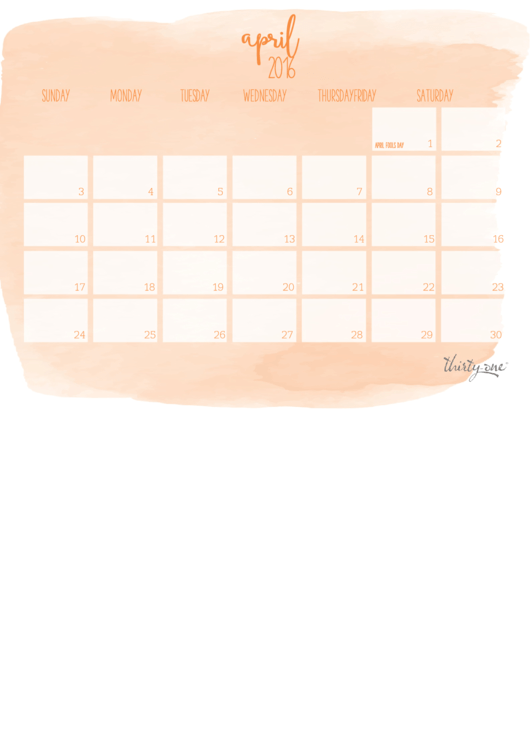 2016 Calendar Template - April Printable pdf