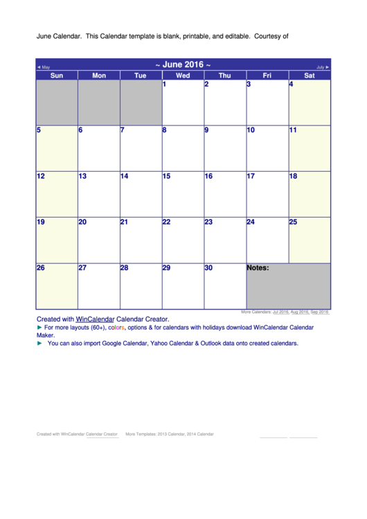 June 16 Calendar Printable Pdf Download