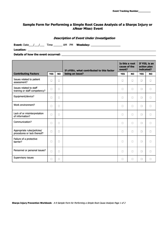 Sample Form For Performing A Simple Root Cause Analysis Of An Injury Or A Near Miss Event Printable pdf