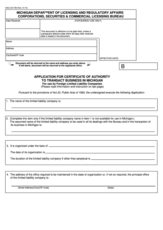 Fillable Form Cscl/cd-760 - Application For Certificate Of Authority To Transact Business In Michigan - 2014 Printable pdf