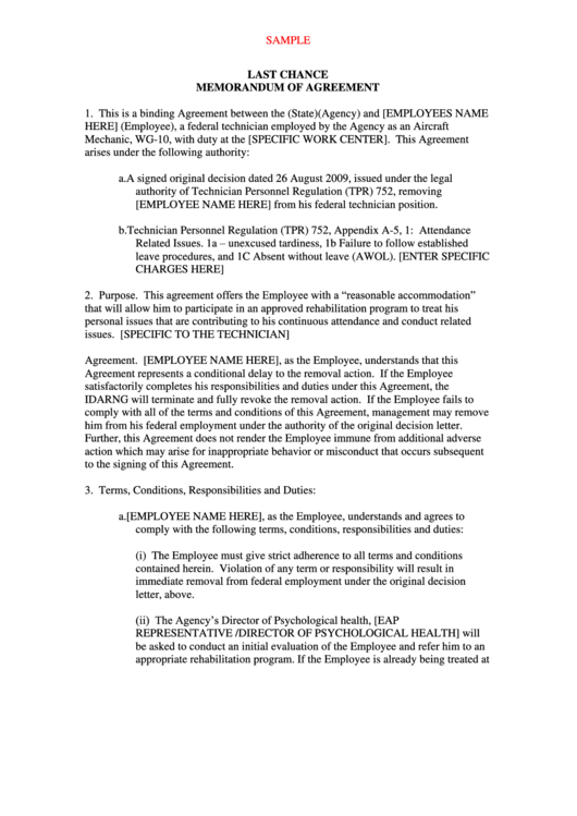 Last Chance Memorandum Of Agreement Sample Printable pdf