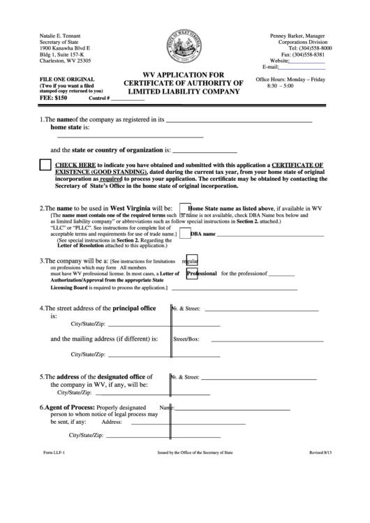 Fillable Form Llf-1 - Wv Application For Certificate Of Authority Of Limited Liability Company 2013 Printable pdf