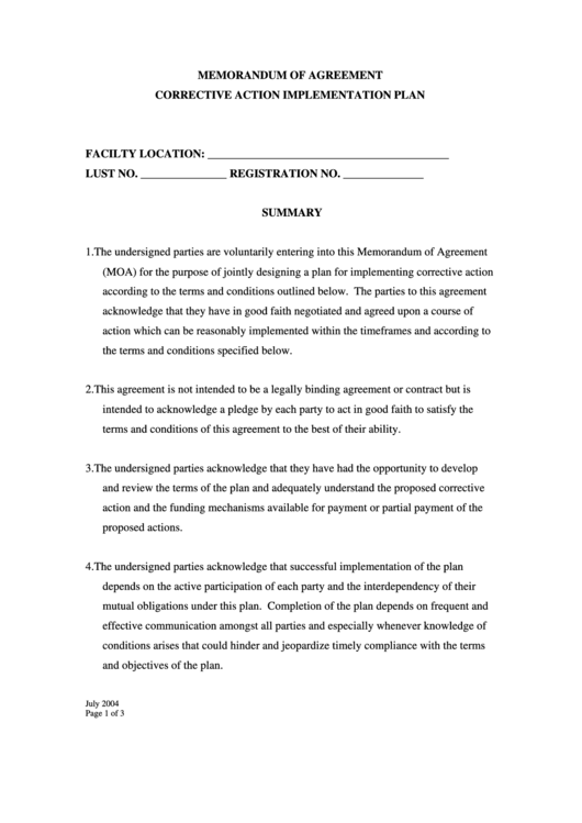 Memorandum Of Agreement Corrective Action Implementation Plan Printable pdf