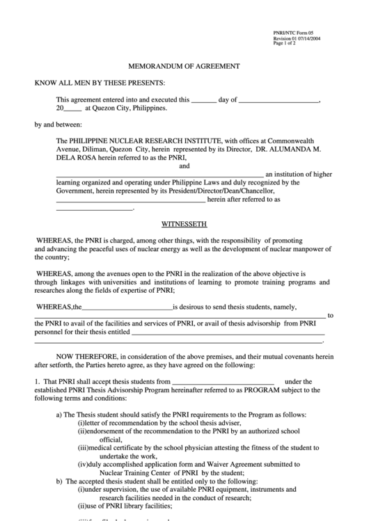 Memorandum Of Agreement Printable pdf
