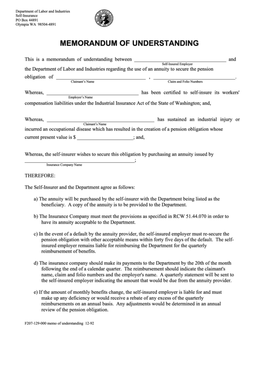 Memorandum Of Understanding Between Department Of Labor And Industries And Printable pdf