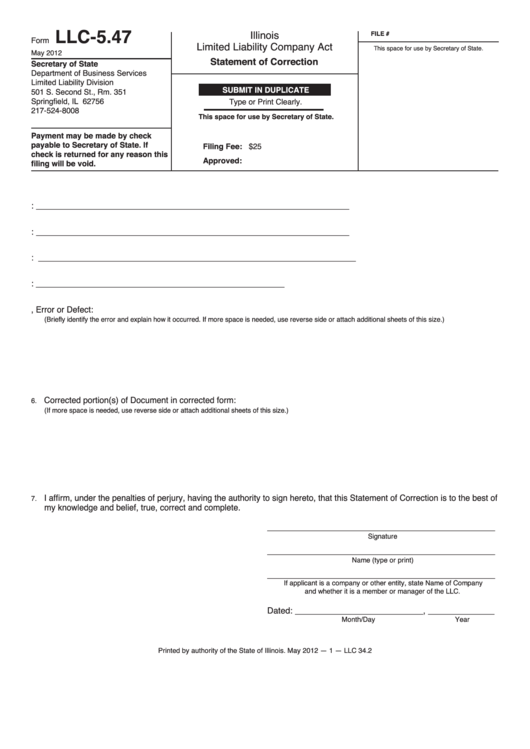 Fillable Form Llc-5.47 - Statement Of Correction Printable pdf