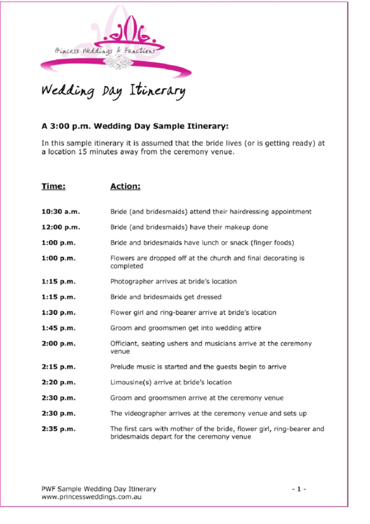 Sample Wedding Day Itinerary Printable pdf