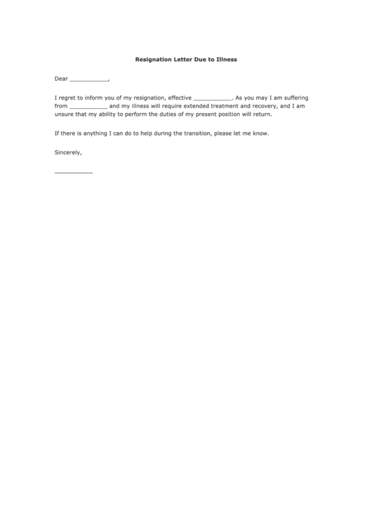 Fillable Resignation Letter Due To Illness Printable pdf