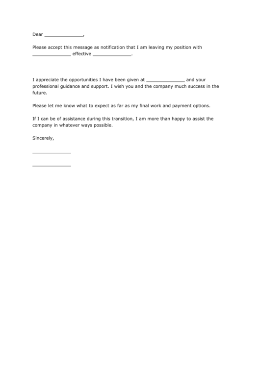 Fillable Letter Of Resignation Email Template Printable pdf