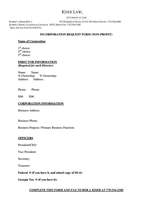 Sample Incorporation Request Form (Non-Profit) Printable pdf