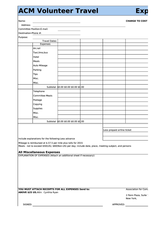 Acm Volunteer Travel Expense Report Template Printable pdf