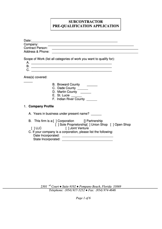 Subcontractor Pre Qualification Application Printable pdf