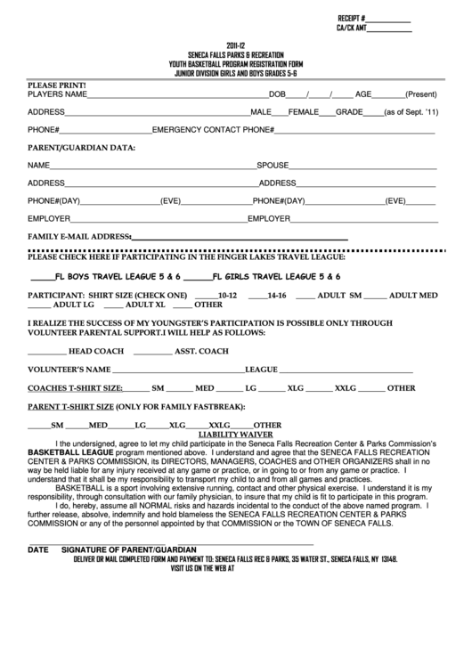 2011-12 Seneca Falls Parks & Recreation Youth Basketball Program Registration Form Junior Division Girls And Boys Grades 5-6 Printable pdf