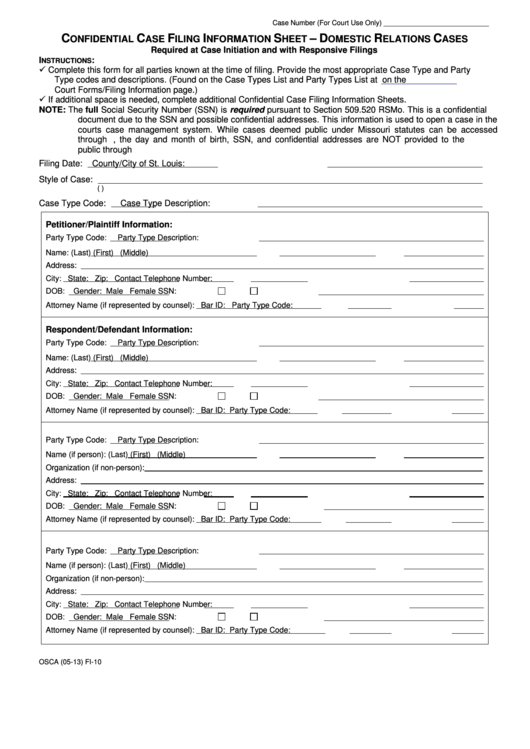 Confidential Case Filing Information Sheet - Domestic Relations Cases