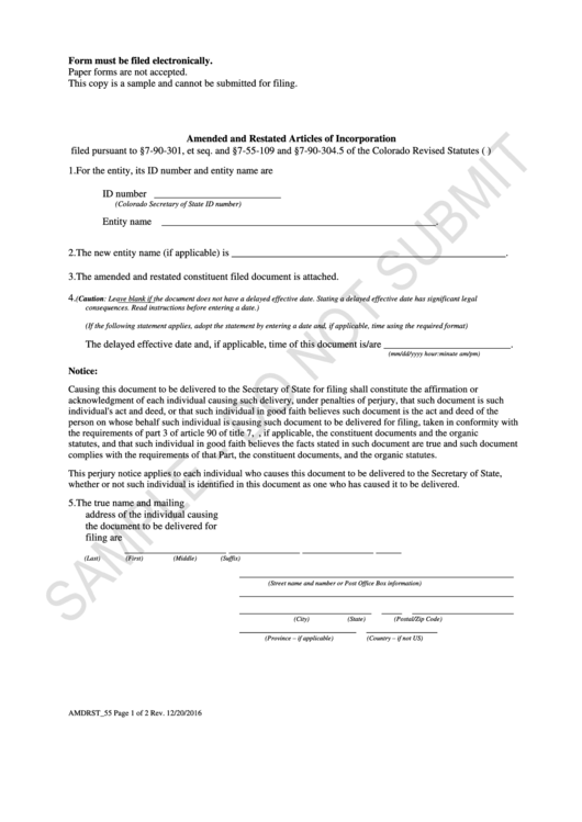 Form Amdrst_55 Sample - Amended And Restated Articles Of Incorporation