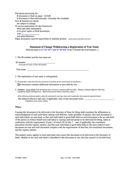 Fillable Form Wtdrw_true - Statement Of Change Withdrawing A Registration Of True Name - 2009 Printable pdf