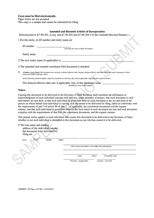 Form Amdrst_56 Sample - Amended And Restated Articles Of Incorporation Printable pdf