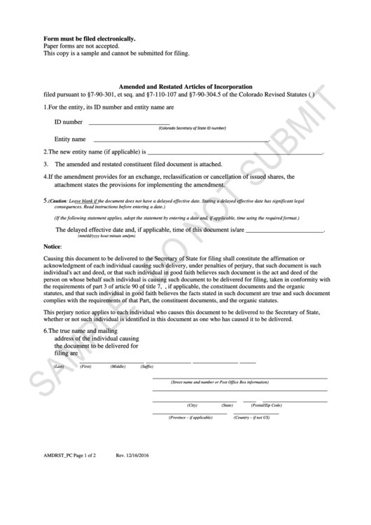 Form Amdrst_pc Sample - Amended And Restated Articles Of Incorporation Printable pdf