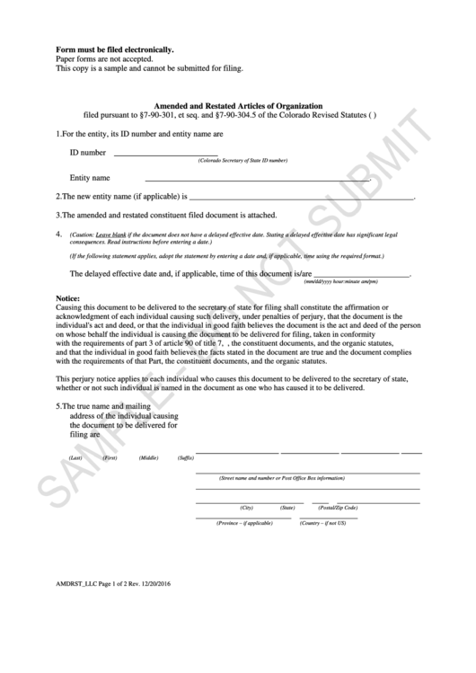 Form Amdrst_llc Sample - Amended And Restated Articles Of Organization ...