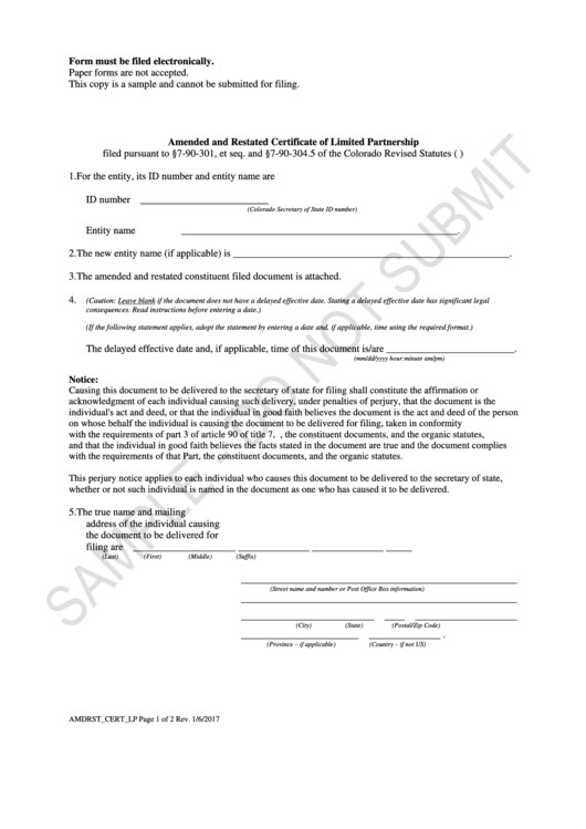 Form Amdrst_cert_lp Sample - Amended And Restated Certificate Of Limited Partnership - 2017 Printable pdf