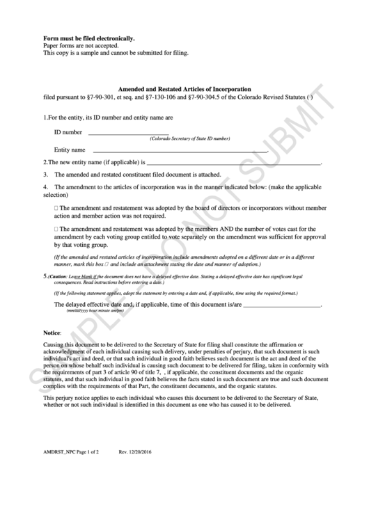Form Amdrst_npc Sample - Amended And Restated Articles Of Incorporation